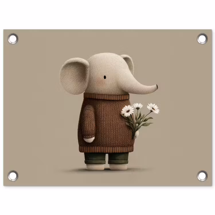 Olifant - Witte bloemen - Kindvriendelijk tuinposter los doek klein -3d