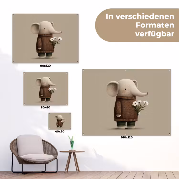 Olifant - Witte bloemen - Kindvriendelijk tuinposter los doek klein -Xsfeer9_DE