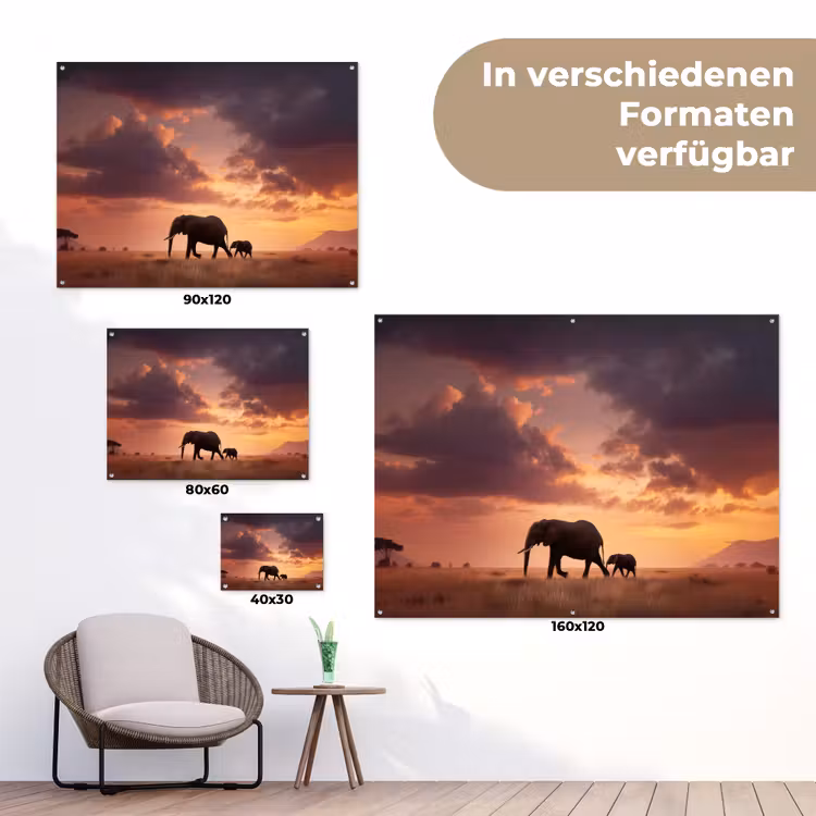 Olifanten - Grasland - Zonsondergang tuinposter los doek klein -Xsfeer9_DE