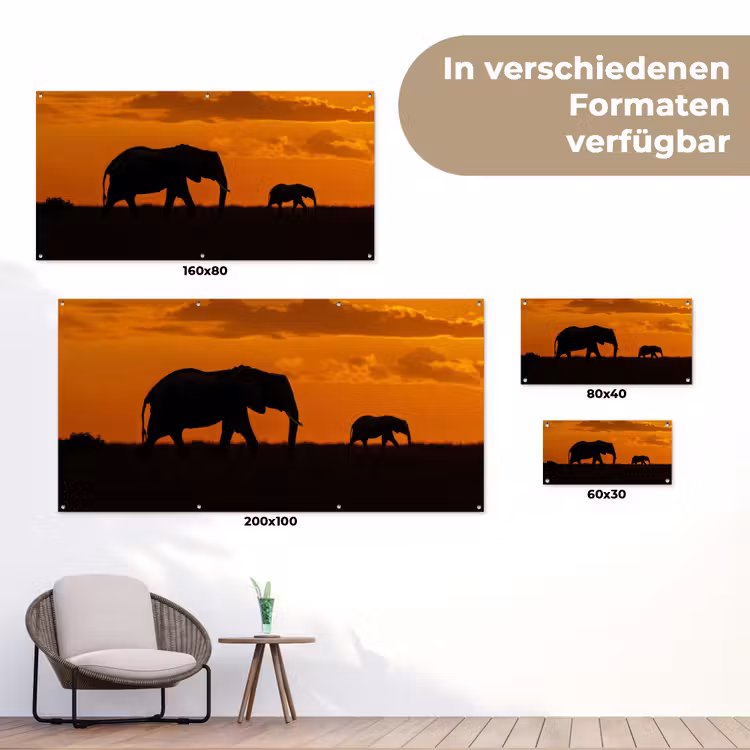 Olifanten - Savanne - Zonsondergang tuinposter los doek klein -Xsfeer9_DE
