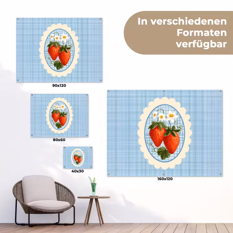 Aardbeien - Lijst - Rood - Geruit tuinposter los doek klein -Xsfeer9_DE