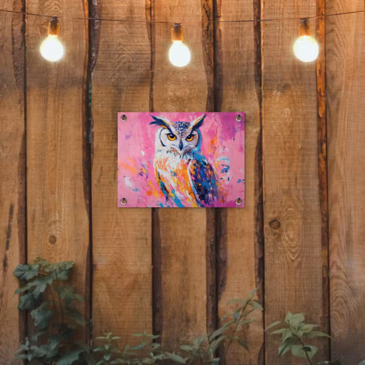 Uil - Roze - Blauw - Verf - Abstract tuinposter los doek klein -sfeer1