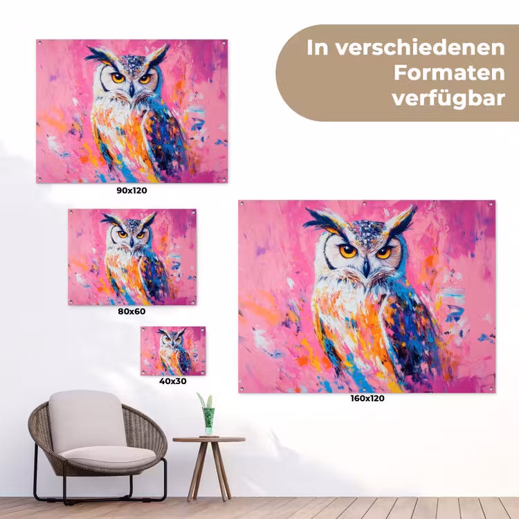Uil - Roze - Blauw - Verf - Abstract tuinposter los doek klein -Xsfeer9_DE