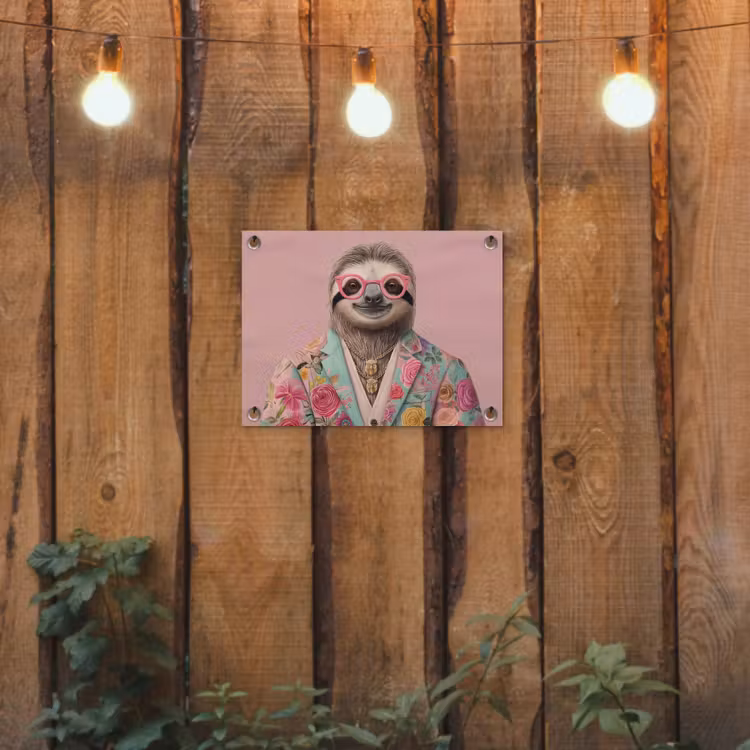 Luiaard - Bloemenprint - Bril - Roze tuinposter los doek klein -sfeer1