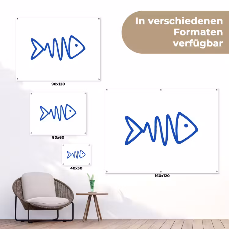 Vis - Minimalistisch - Blauw - Lijn tuinposter los doek klein -Xsfeer9_DE