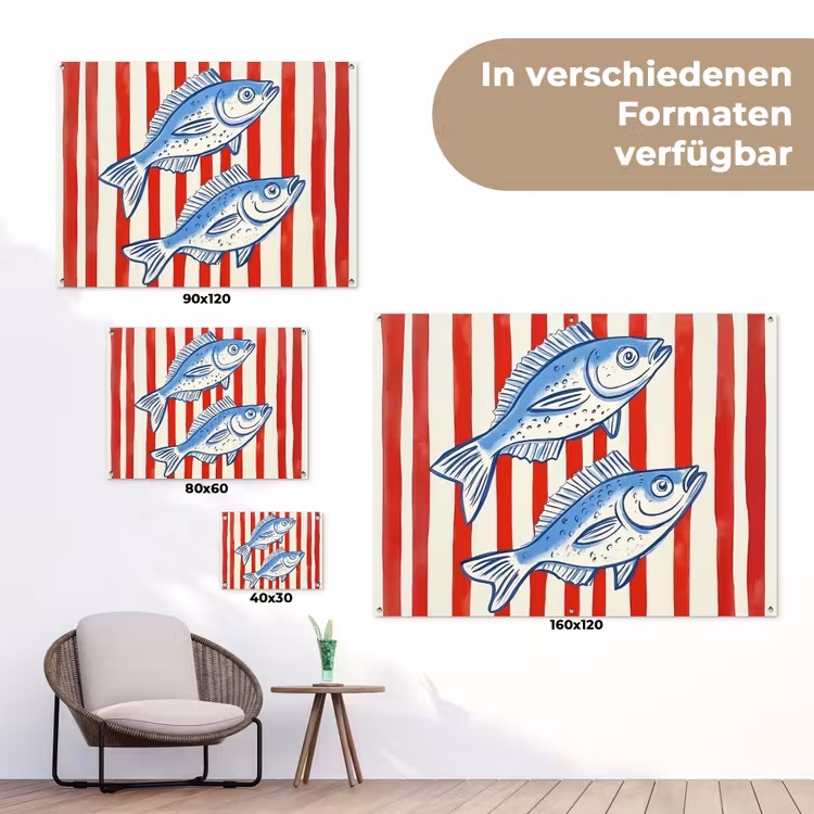 Vissen - Verticale strepen - Blauw - Rood tuinposter los doek klein -Xsfeer9_DE