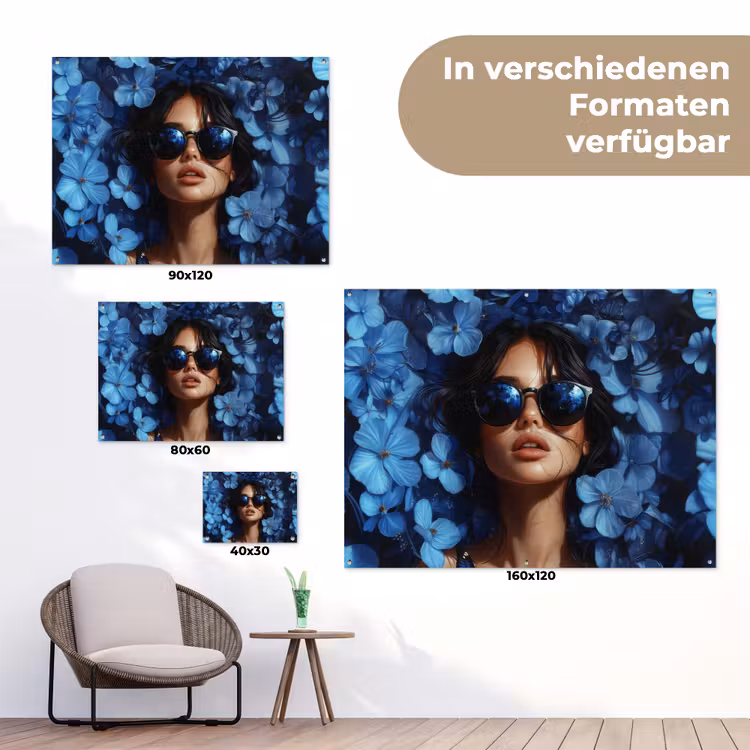 Vrouw - Blauw - Bloemen - Vlinders - Natuur tuinposter los doek klein -Xsfeer9_DE
