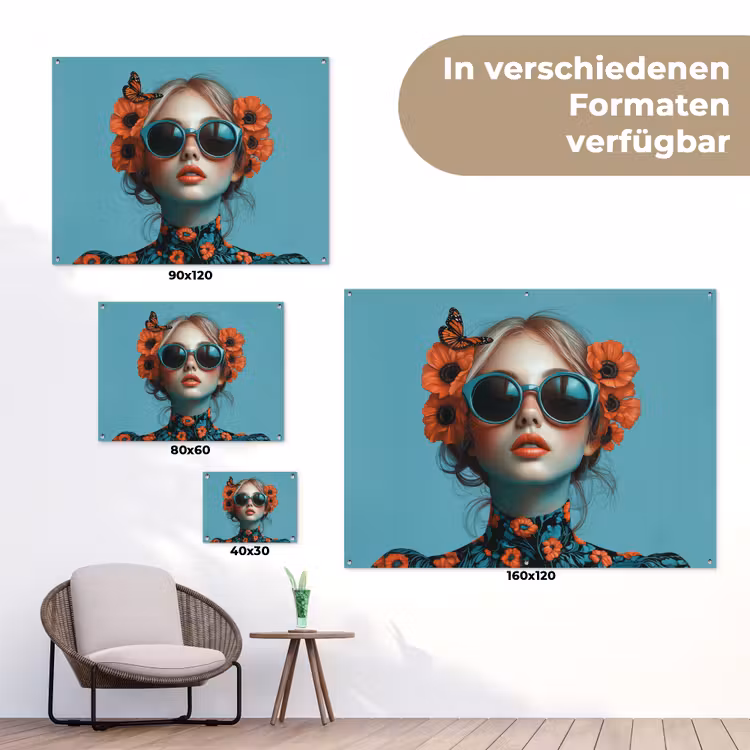 Vrouw - Blauw - Vlinder - Bloemen - Aesthetic tuinposter los doek klein -Xsfeer9_DE