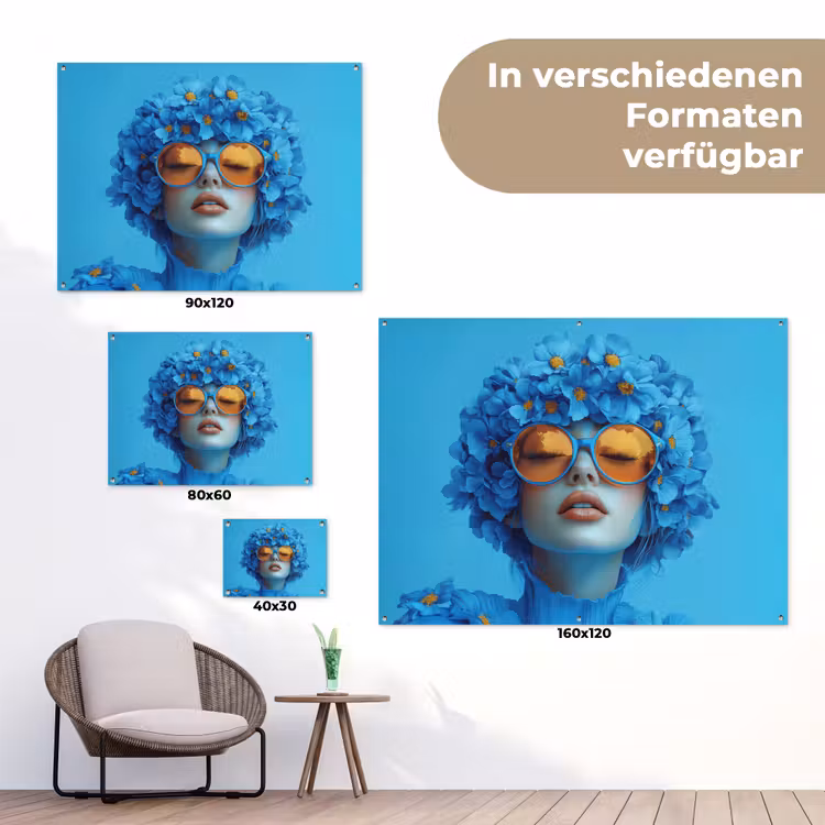 Vrouw - Bloem - Blauw - Modern - Bril - Portret tuinposter los doek klein -Xsfeer9_DE