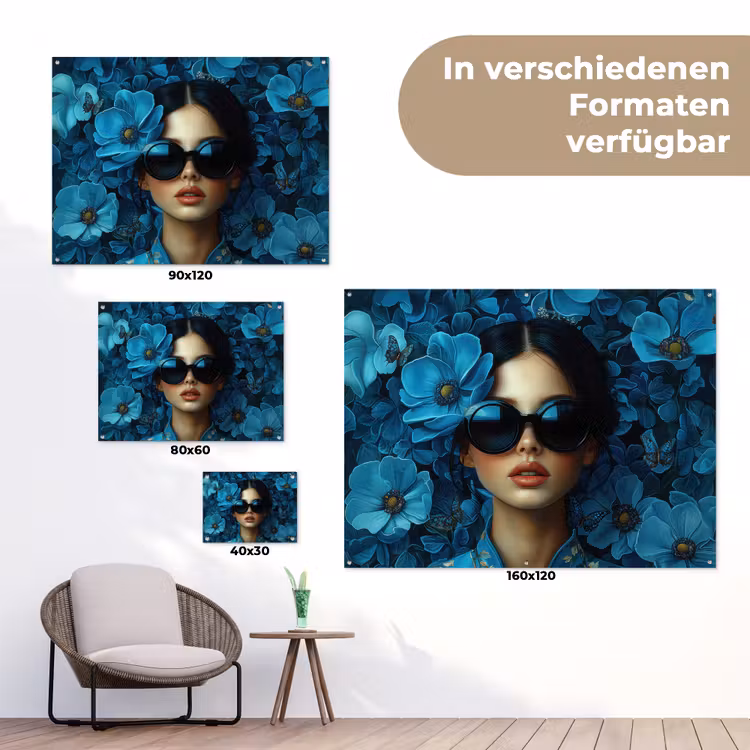 Vrouw - Bloemen - Blauw - Aesthetic - Luxe tuinposter los doek klein -Xsfeer9_DE