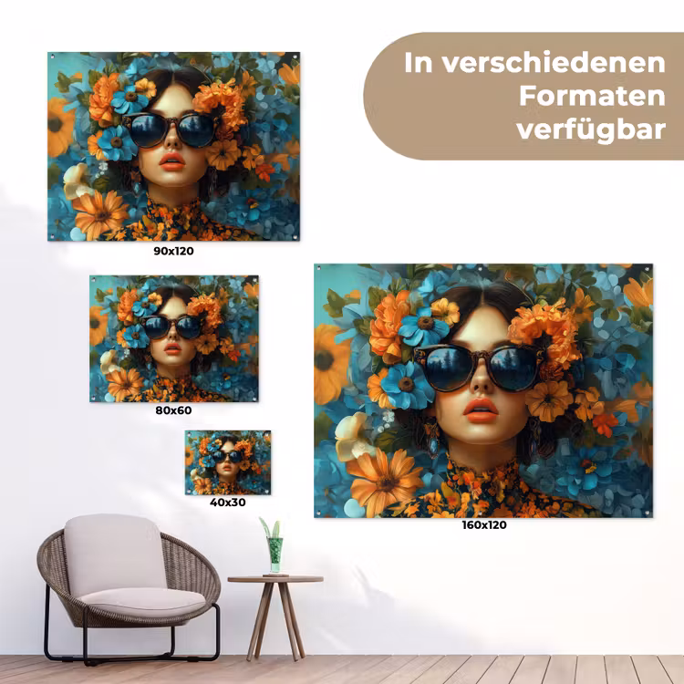 Vrouw - Bloemen - Oranje - Blauw - Modern tuinposter los doek klein -Xsfeer9_DE