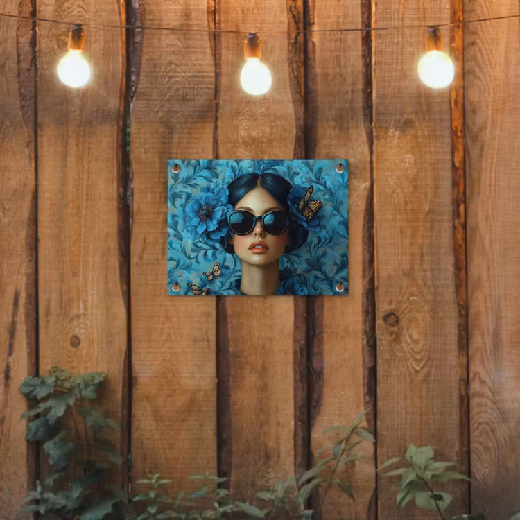Vrouw - Bloemen - Vlinders - Blauw - Abstract tuinposter los doek klein -sfeer1