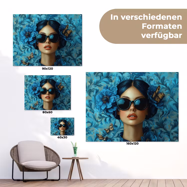 Vrouw - Bloemen - Vlinders - Blauw - Abstract tuinposter los doek klein -Xsfeer9_DE