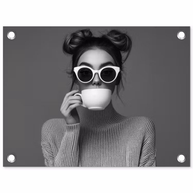 Vrouw - Koffie - Zwart - Wit tuinposter los doek klein -3d