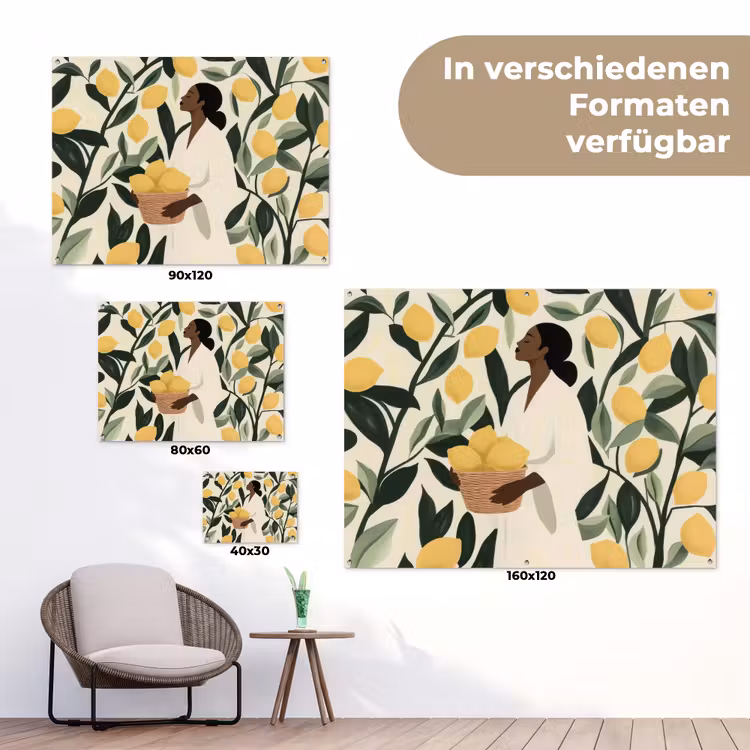 Vrouw - Mand - Citroenen - Bladeren tuinposter los doek klein -Xsfeer9_DE
