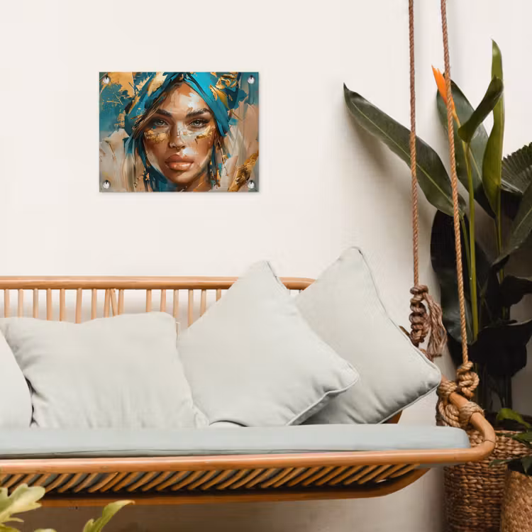 Vrouw - Portret - Goud - Luxe - Blauw tuinposter los doek klein -sfeer7