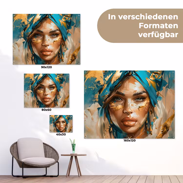 Vrouw - Portret - Goud - Luxe - Blauw tuinposter los doek klein -Xsfeer9_DE
