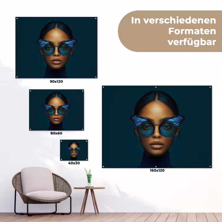 Vrouw - Vlinder - Bril - Blauw - Modern - Portret tuinposter los doek klein -Xsfeer9_DE