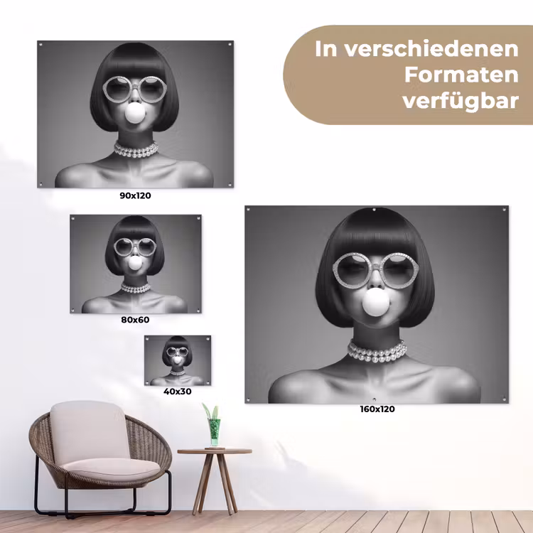 Vrouw - Zwart Wit - Ketting - Zonnebril tuinposter los doek klein -Xsfeer9_DE
