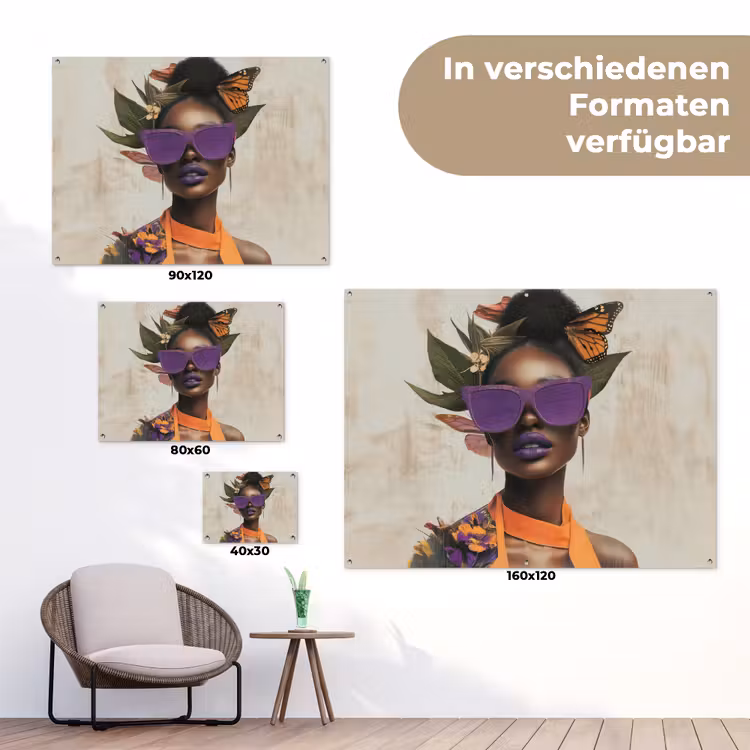 Vrouw - Zonnebril - Vlinder - Bloemen tuinposter los doek klein -Xsfeer9_DE