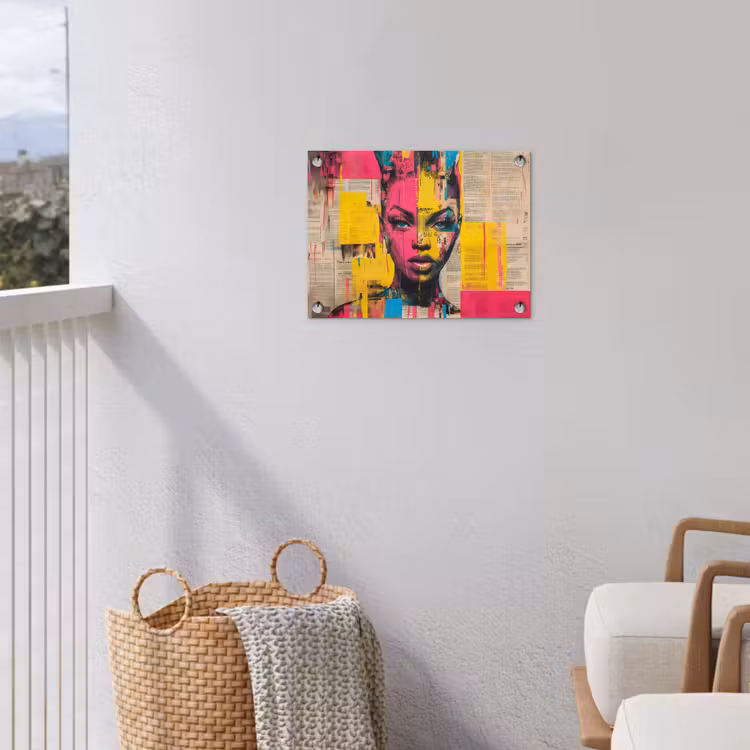 Vrouwengezicht - Krantenpapier - Abstract - Roze tuinposter los doek klein -sfeer8