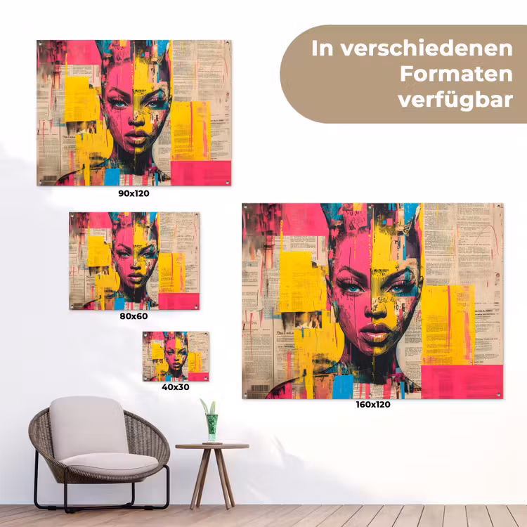 Vrouwengezicht - Krantenpapier - Abstract - Roze tuinposter los doek klein -Xsfeer9_DE