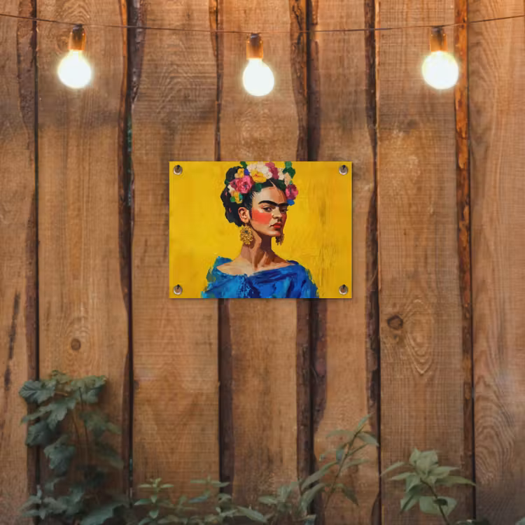 Frida Kahlo - Vrouw - Geel - Blauw - Bloemen tuinposter los doek klein -sfeer1