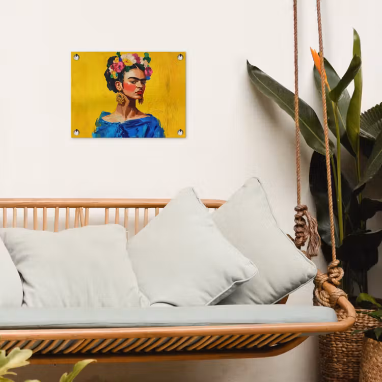 Frida Kahlo - Vrouw - Geel - Blauw - Bloemen tuinposter los doek klein -sfeer7