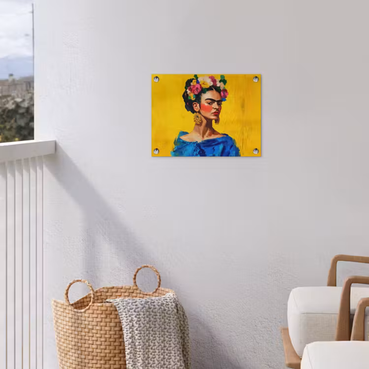 Frida Kahlo - Vrouw - Geel - Blauw - Bloemen tuinposter los doek klein -sfeer8