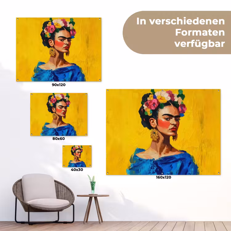 Frida Kahlo - Vrouw - Geel - Blauw - Bloemen tuinposter los doek klein -Xsfeer9_DE