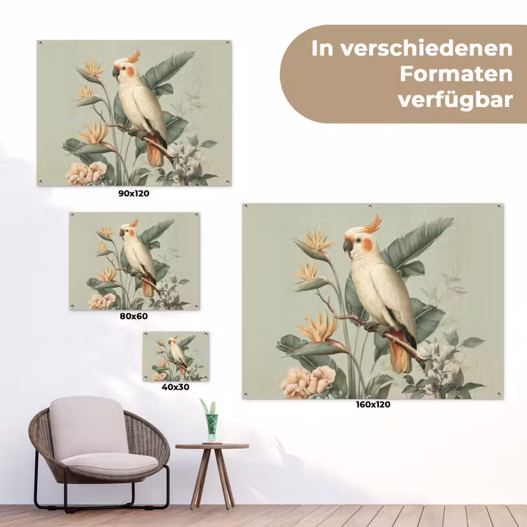 Gele kuifkaketoe - paradijsvogelbloemen - Groen tuinposter los doek klein -Xsfeer9_DE
