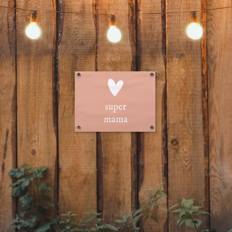 Presentje voor Moederdag super mama lichtroze/wit tuinposter los doek klein -sfeer1