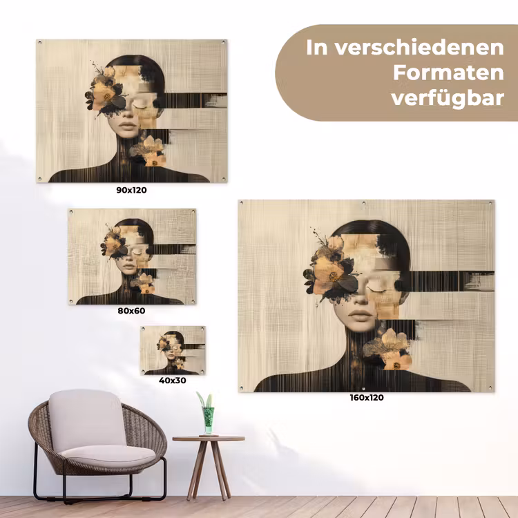 Gezicht - Bloemen - Zwart - Vrouw tuinposter los doek klein -Xsfeer9_DE