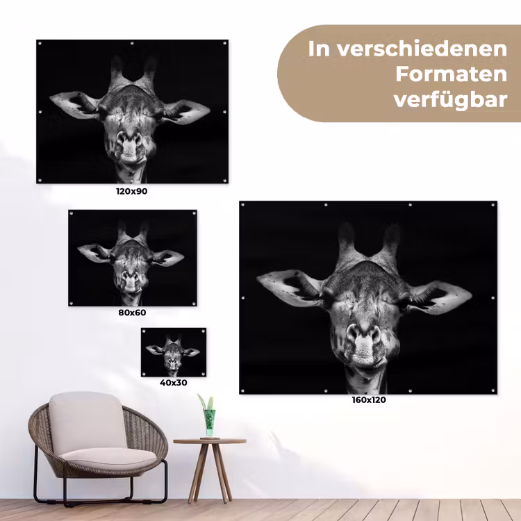 Giraffe - Portret - Dieren - Zwart - Wit tuinposter los doek klein -Xsfeer9_DE