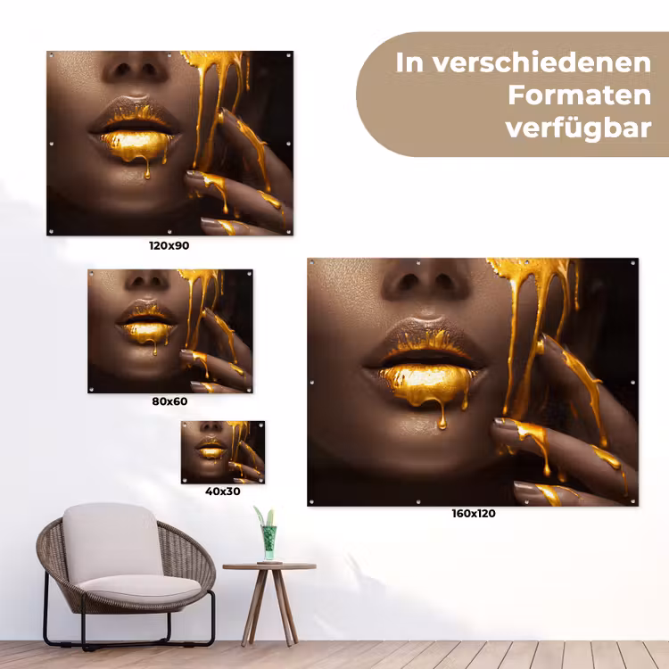 Goud - Vrouw - Verf - Lippen - Luxe tuinposter los doek klein -Xsfeer9_DE