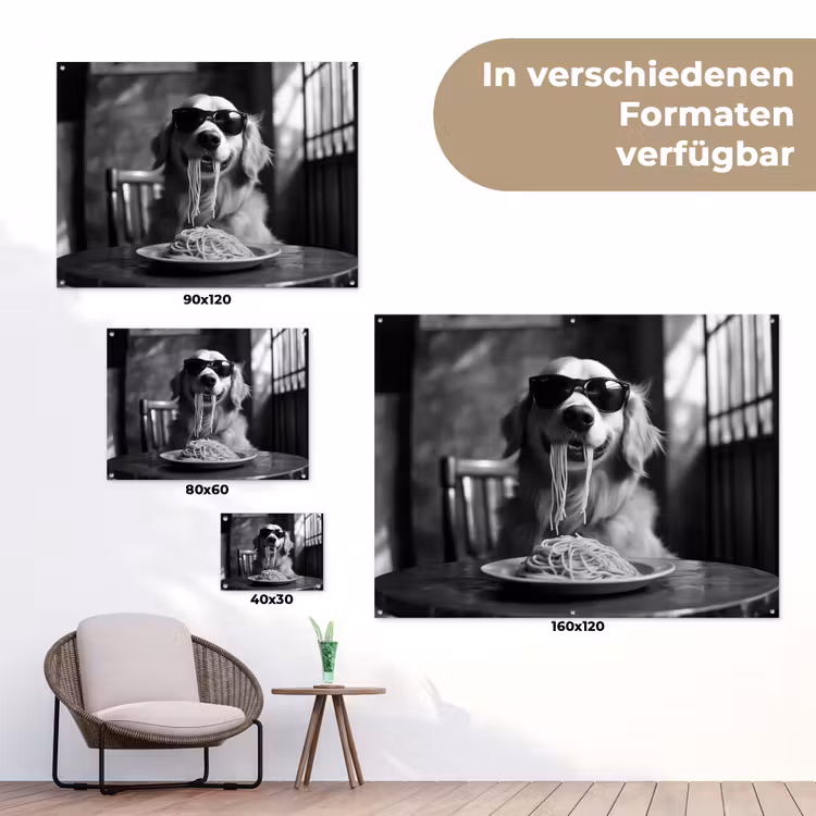 Golden Retriever - Hond - Vrolijk - Bord spaghetti - Zwart - wit tuinposter los doek klein -Xsfeer9_DE