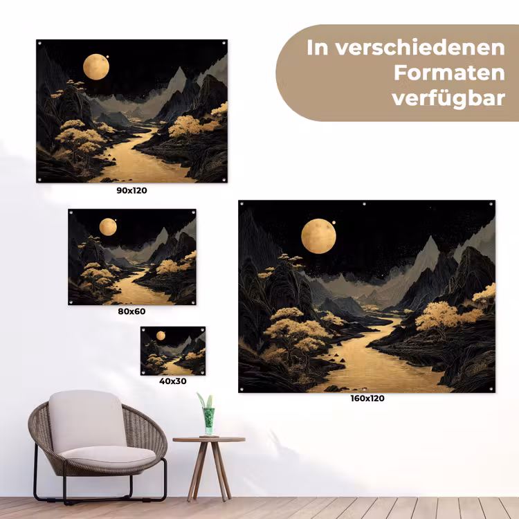 Gouden rivier - Bergen - Maan - Sterrenhemel tuinposter los doek klein -Xsfeer9_DE