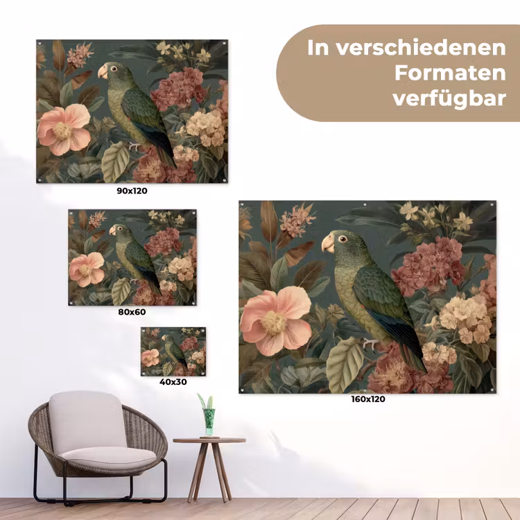 Groene papegaai - Kleurrijke bloemen - Donkere achtergrond tuinposter los doek klein -Xsfeer9_DE