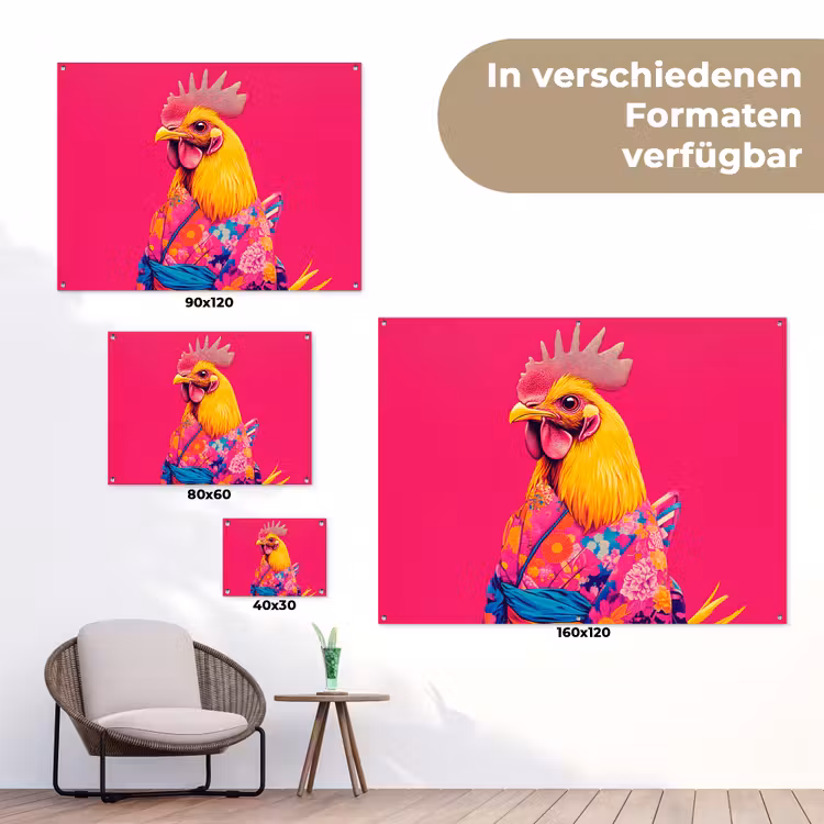 Haan - Kleurrijk - Kimono - Roze tuinposter los doek klein -Xsfeer9_DE