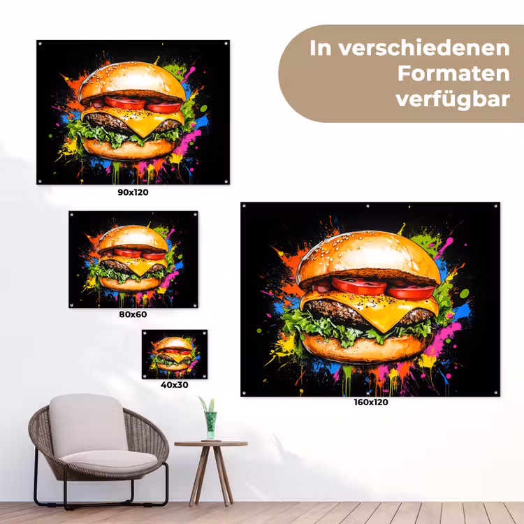 Hamburger - Graffiti - Verf - Kleurrijk - Eten - Abstract tuinposter los doek klein -Xsfeer9_DE
