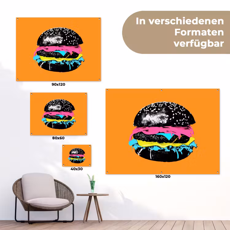 Hamburger - Oranje - Neon - popart tuinposter los doek klein -Xsfeer9_DE