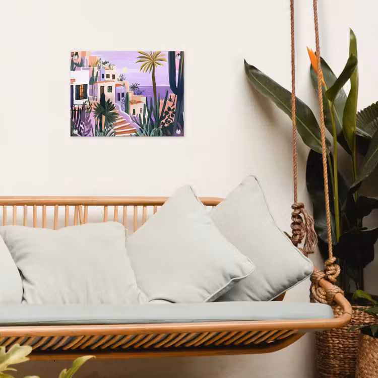 Huizen - Minimalistisch - Palmbomen - Kust tuinposter los doek klein -sfeer7