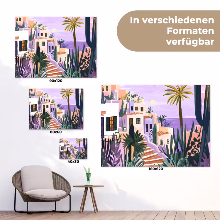 Huizen - Minimalistisch - Palmbomen - Kust tuinposter los doek klein -Xsfeer9_DE