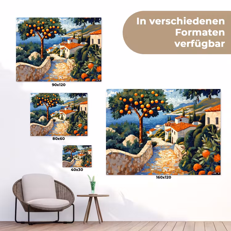 Huizen - Mozaïek - Sinaasappelbomen - Zee tuinposter los doek klein -Xsfeer9_DE