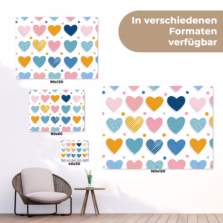 Hartjes - Pastel - Kleurcontrast - Handgetekend tuinposter los doek klein -Xsfeer9_DE