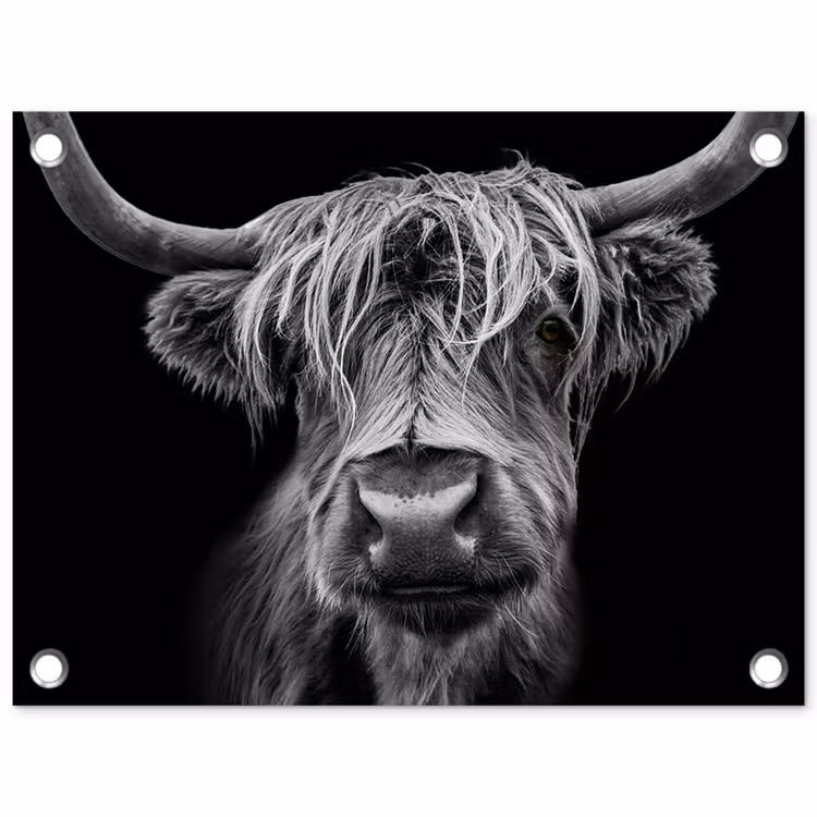 Hooglander in Zwart-Wit tuinposter los doek klein -3d