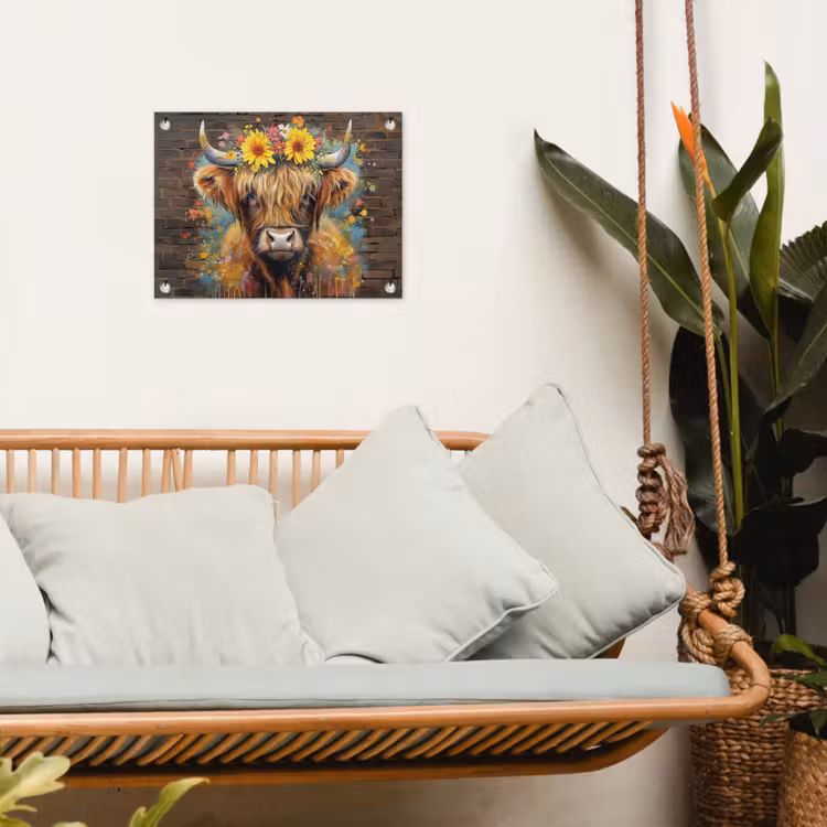 Hooglander met Bloemenkroon tuinposter los doek klein -sfeer7