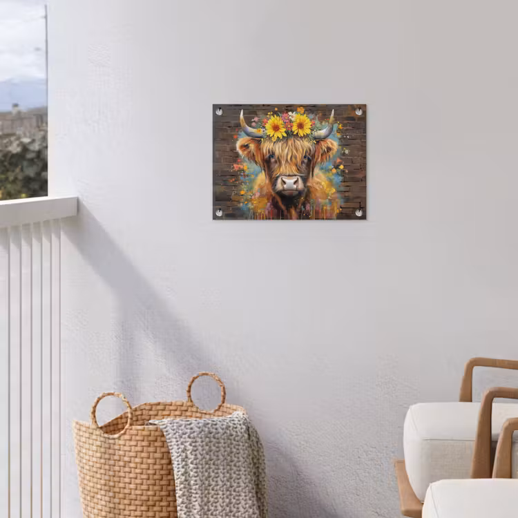 Hooglander met Bloemenkroon tuinposter los doek klein -sfeer8