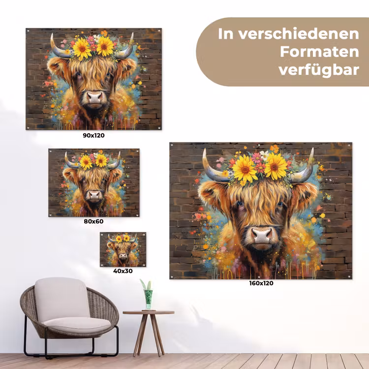 Hooglander met Bloemenkroon tuinposter los doek klein -Xsfeer9_DE