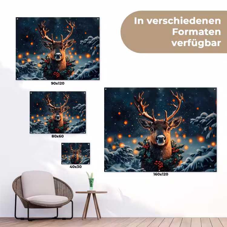 Hert - Kerst - Winter - Sneeuw - Kerstkrans tuinposter los doek klein -Xsfeer9_DE